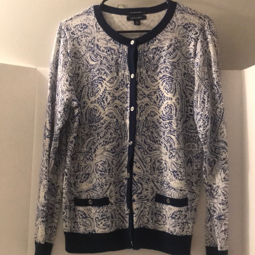 Land’s End cottage core cardigan size m supima cotton blue white pockets